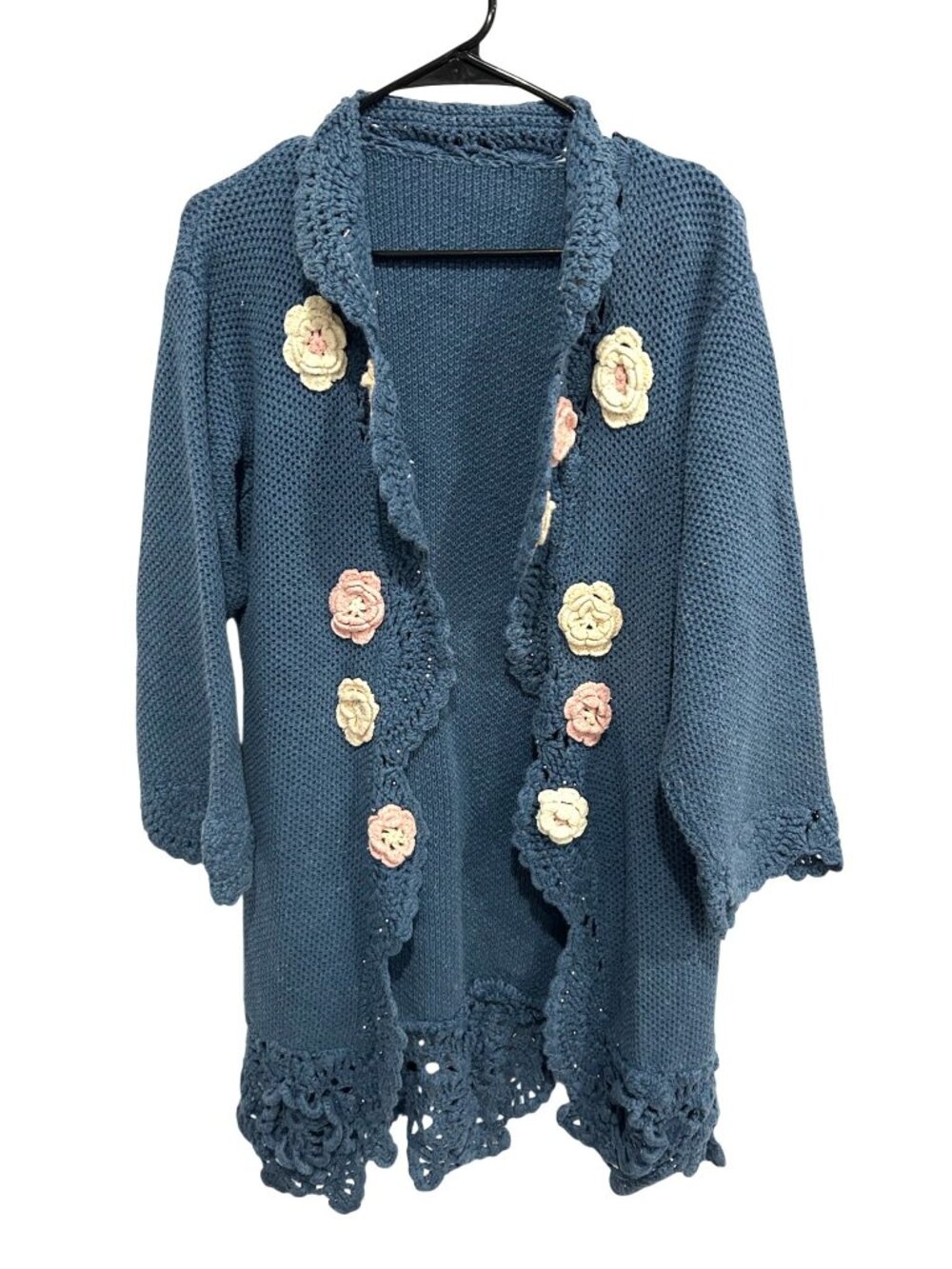 Handmade Medium Blue Knit Cardigan Floral Crochet Lace Hem Cozy Cottagecore